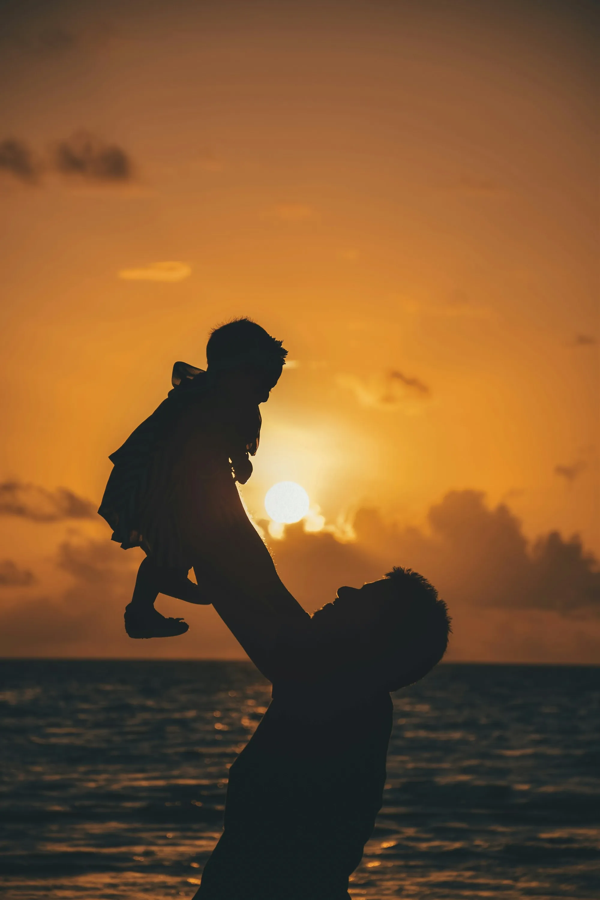 Silhouette of a parent swinging a child at sunset